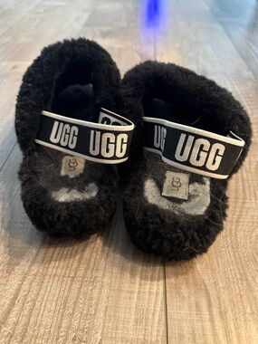 UGG Black Shearling Logo Strap Slides Size 8
